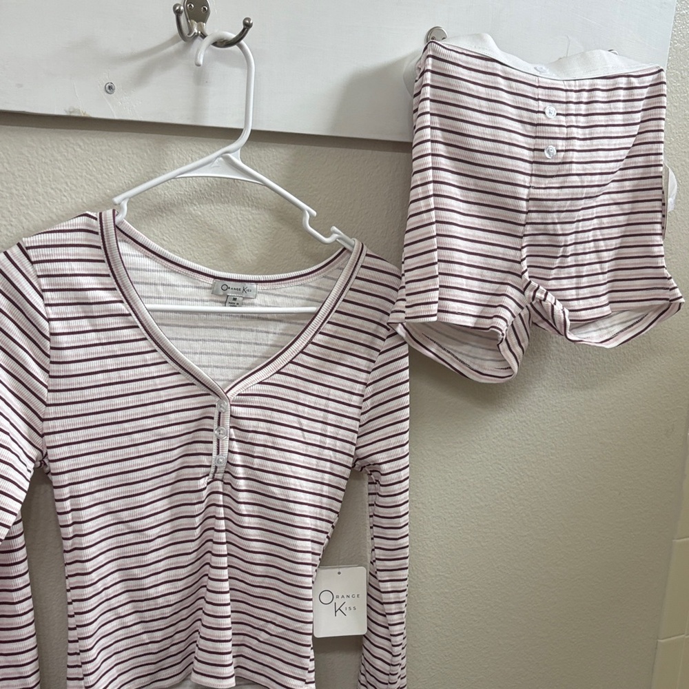 Orange Kiss Pajama Set - Pink and White Stripes